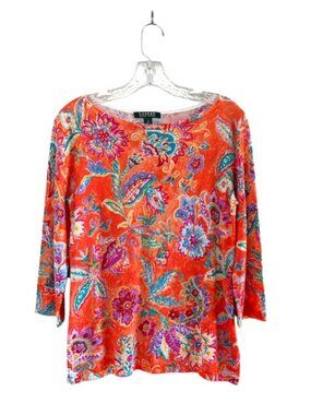 Lauren Ralph Lauren Boat Neck Three-Quarter Sleeve Top, M, Orange Floral Coastal